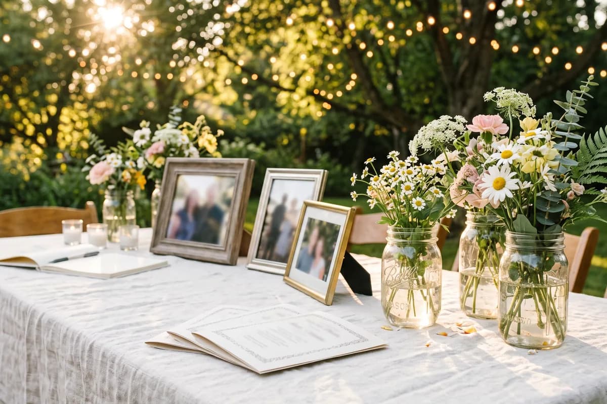 A sunlit garden table set for a celebration of life, with framed photographs, wildflowers in mason jars and a stack of printed programs