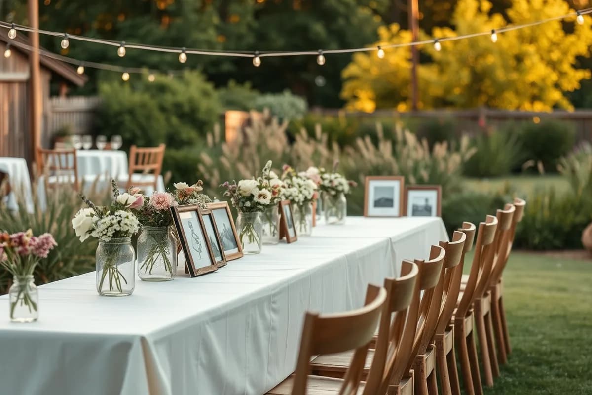 A sunlit celebration of life gathering with photographs, flowers and string lights