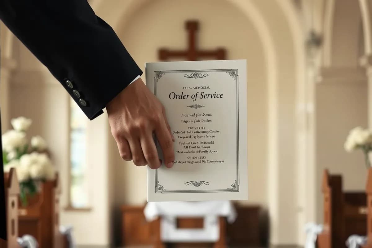 Guests in dark clothing holding an order of service booklet at a memorial gathering