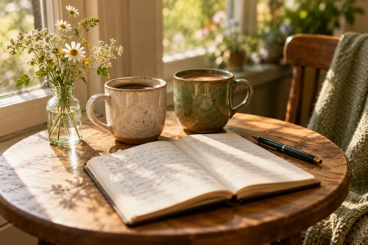 Two coffee mugs on a small round café table by a sunny window, beside an open notebook, a pen and a little bottle of wildflowers