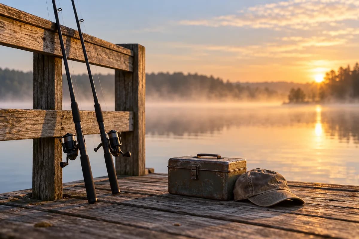 Two old fishing rods leaning against the railing of a wooden dock beside a tackle box and a faded cap, a misty lake at sunrise behind