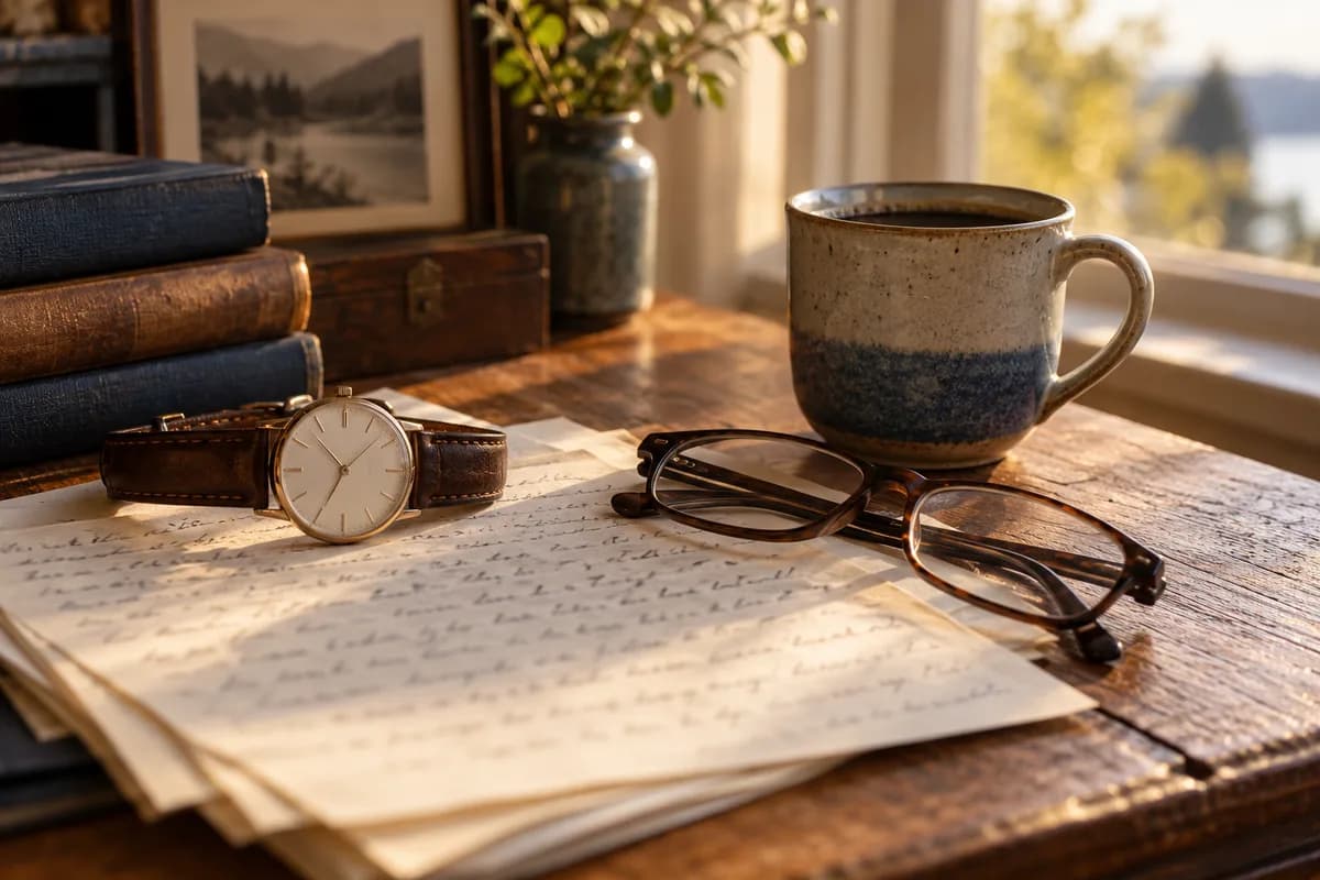 A man's leather wristwatch and reading glasses resting on handwritten pages beside a mug of coffee on a wooden desk by a window