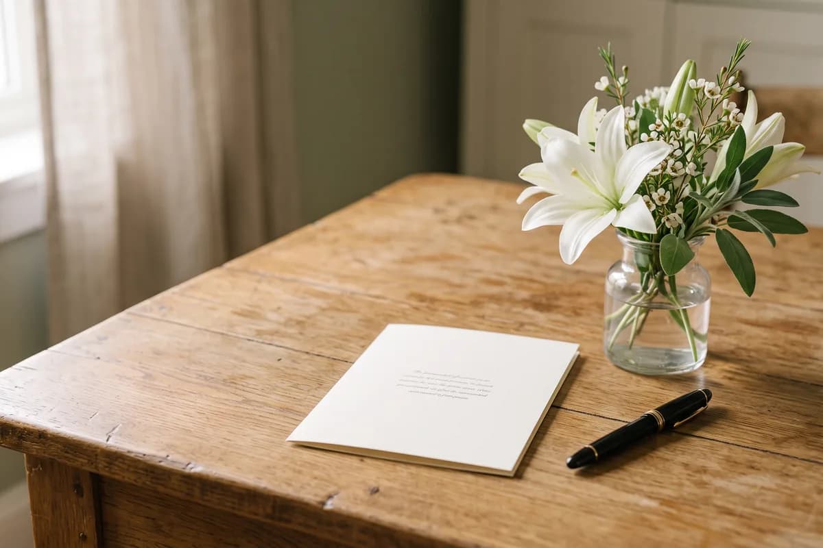 A folded cream funeral program on a weathered oak table beside a black fountain pen and a glass vase of white lilies