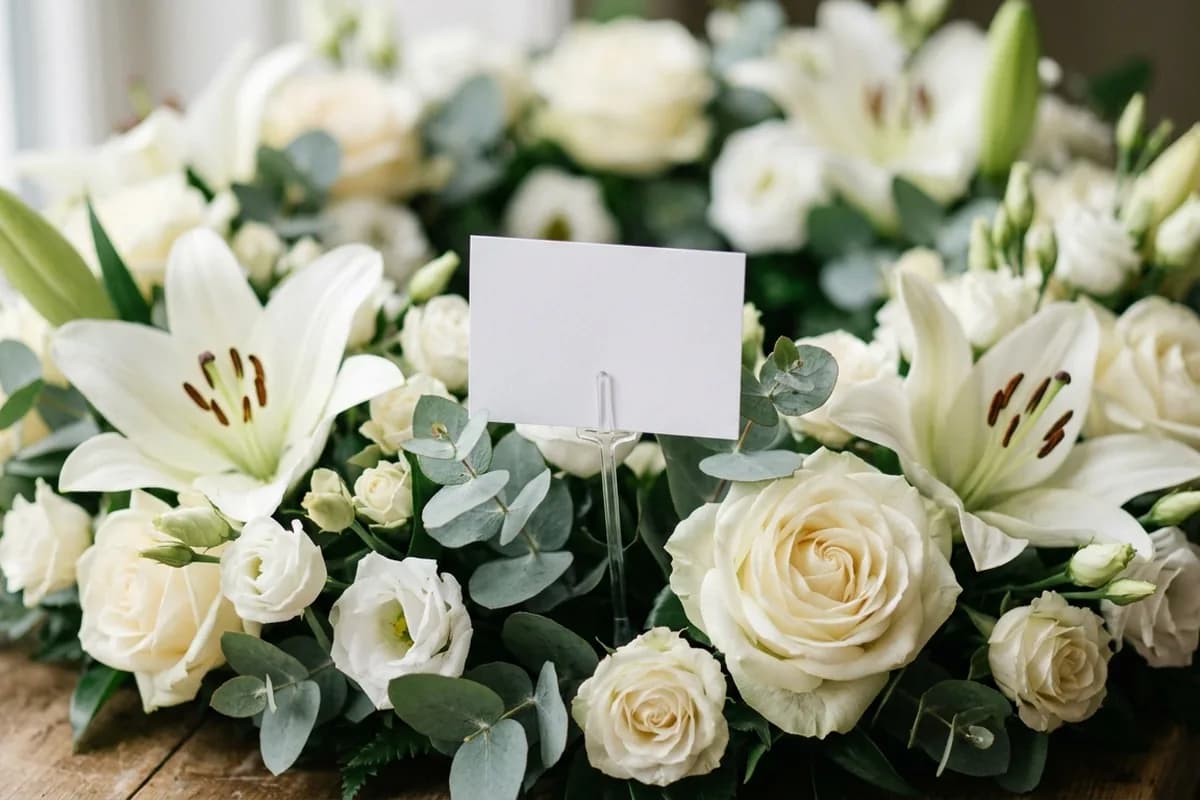 A blank white florist card in a white funeral arrangement of lilies, roses and eucalyptus