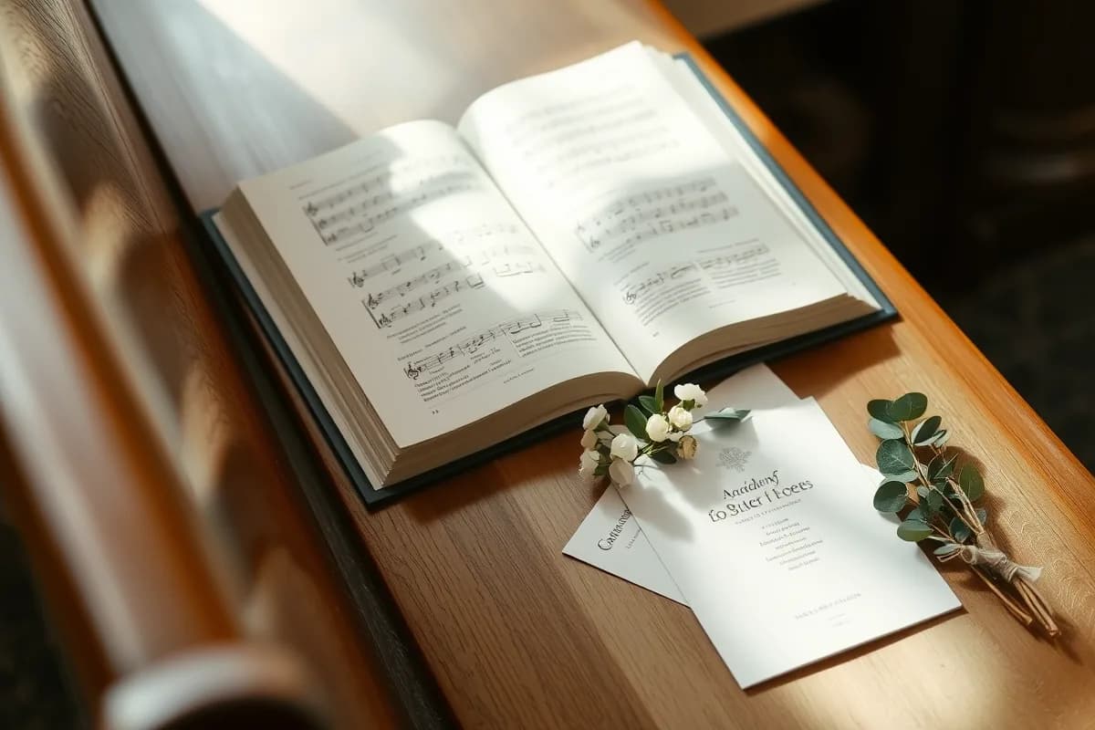 An open hymnal and order of service resting on a church pew beside white flowers