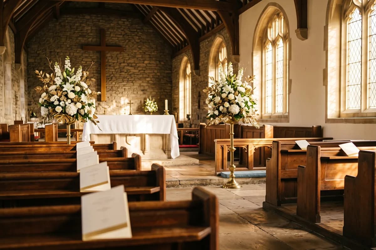 A sunlit church sanctuary prepared for a homegoing service, with white and gold floral sprays and printed programs laid on the pews