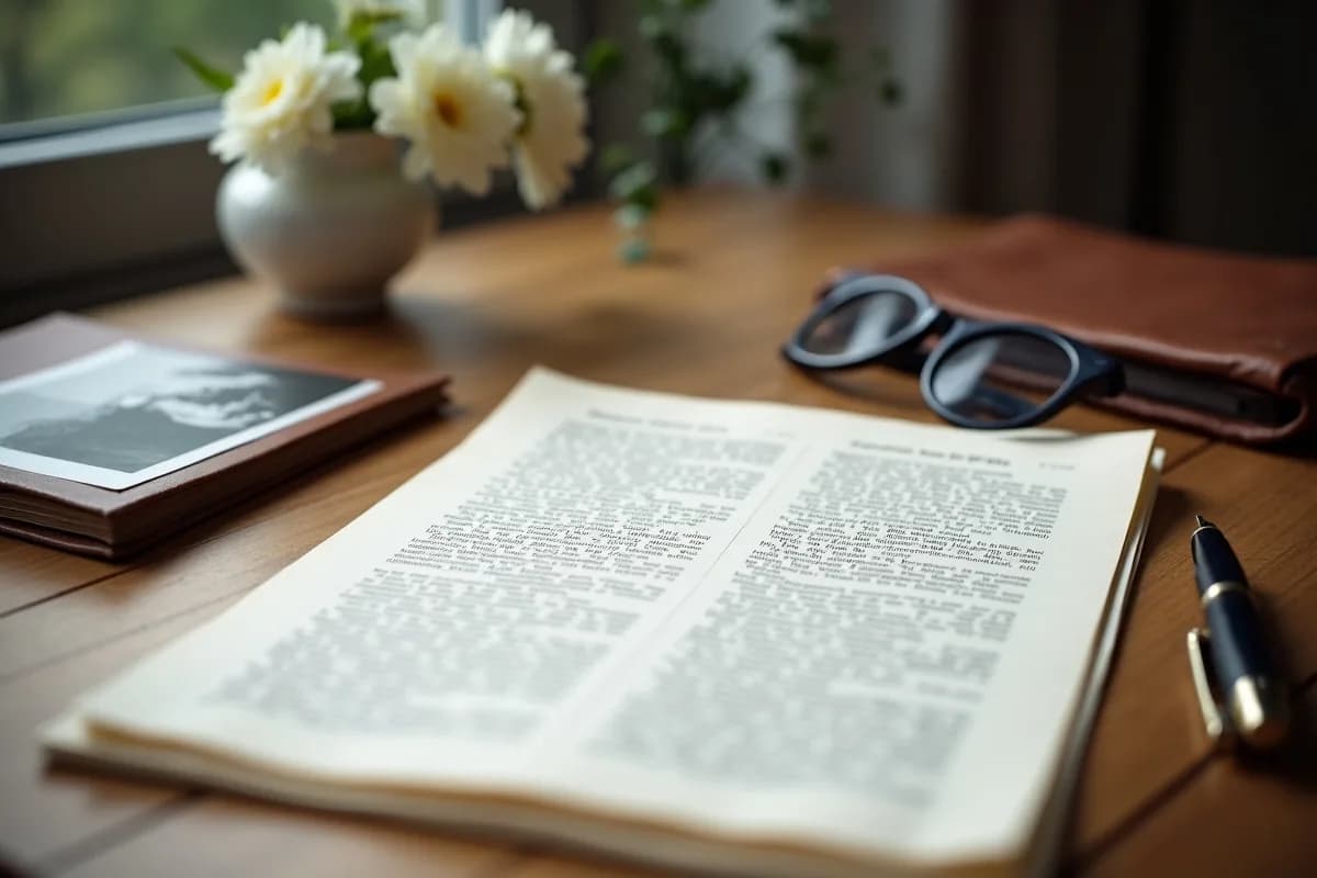 A printed newspaper obituary page on a wooden table beside reading glasses, a pen and a photo album