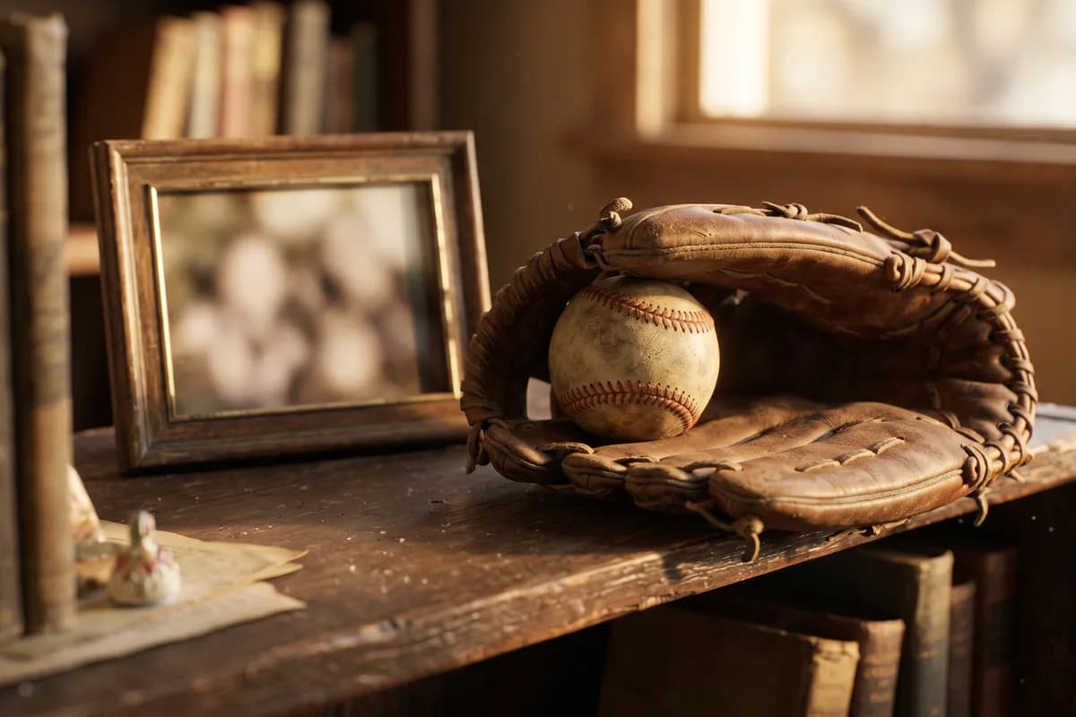 A worn leather baseball glove and a ball resting on a wooden shelf beside a framed photograph softly out of focus