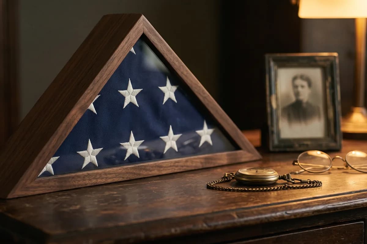 A folded American flag in a wooden display case beside a pocket watch, reading glasses and a framed vintage photograph on a desk