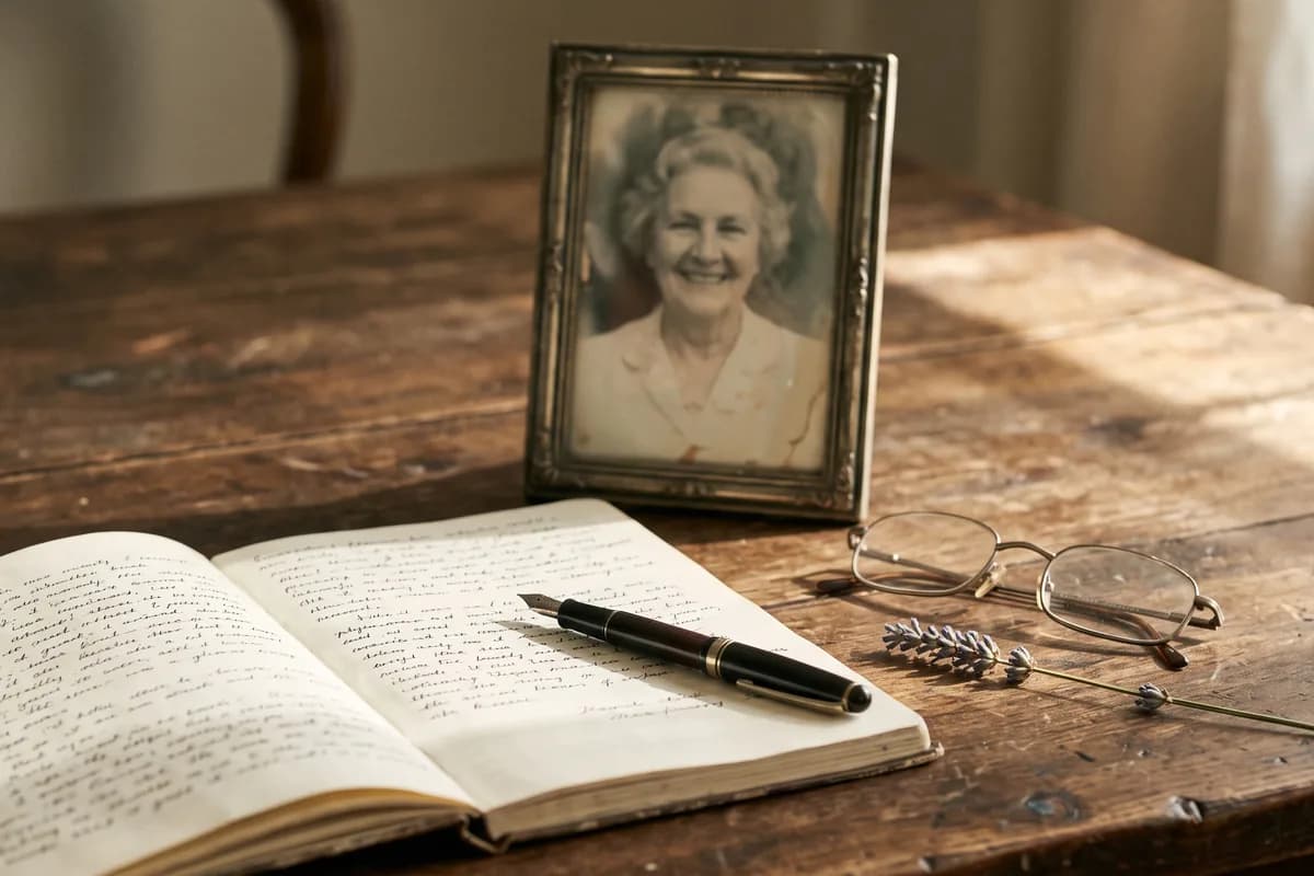 A framed vintage photograph of a smiling woman beside a handwritten notebook, reading glasses and a sprig of lavender on a wooden table