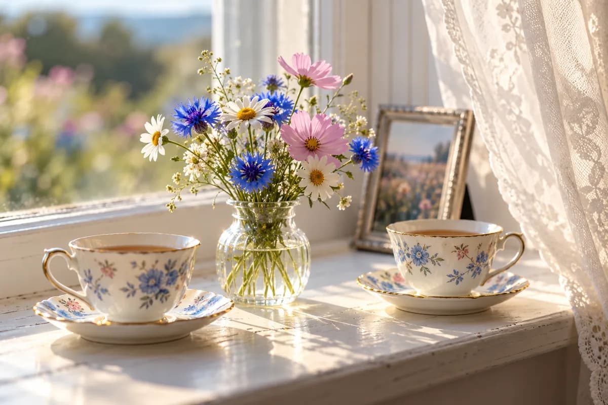 Two china teacups and a small vase of wildflowers on a sunlit windowsill beside a small silver photo frame and a lace curtain