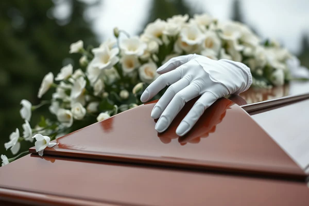White-gloved hands resting on the rail of a casket draped with white flowers at a graveside