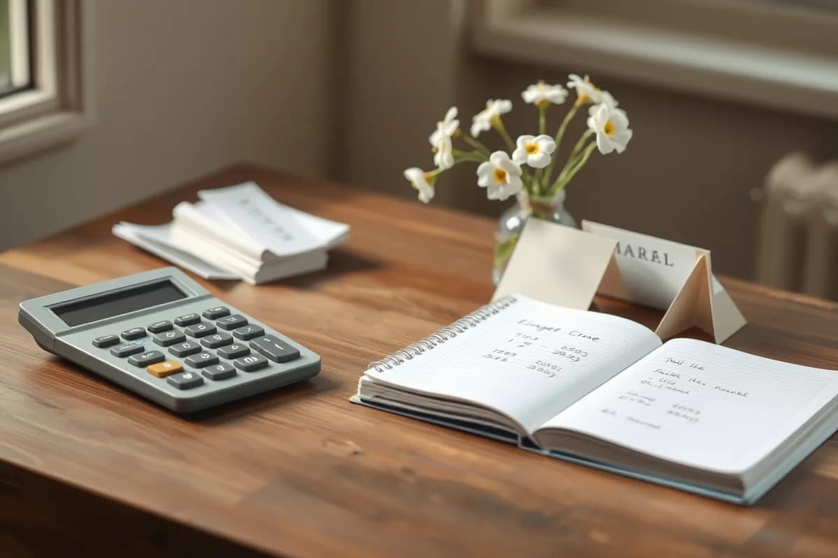 A calculator and printed funeral program quotes laid out on a desk while a family plans costs