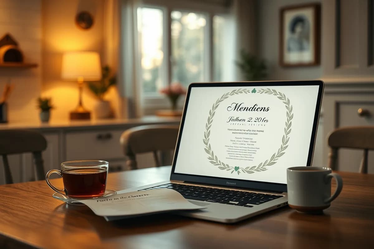 A finished funeral program being reviewed on a laptop late in the evening, ready to print