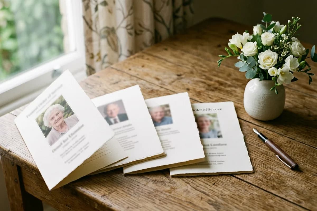 Four folded funeral order-of-service booklets fanned out on a wooden table beside white flowers