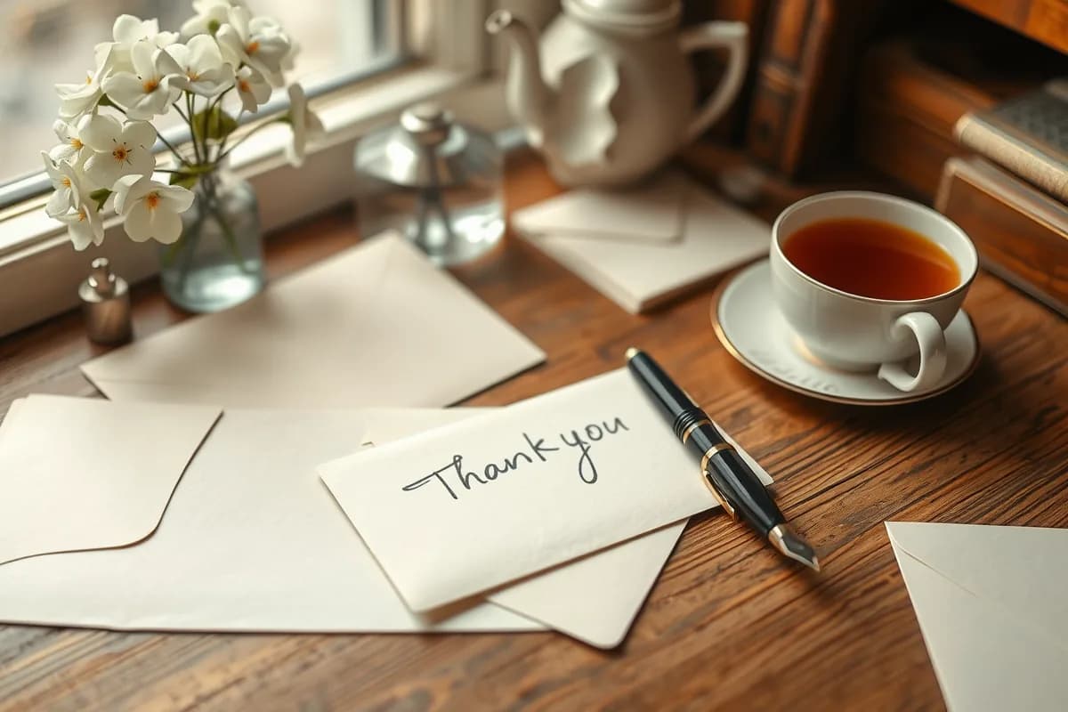Handwritten thank you cards and envelopes beside white flowers on a wooden desk