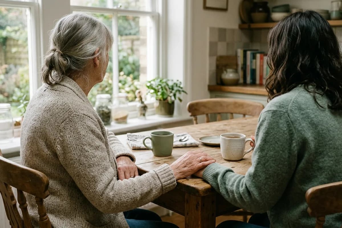Two women sitting at a kitchen table with mugs of tea, one hand resting on the other's