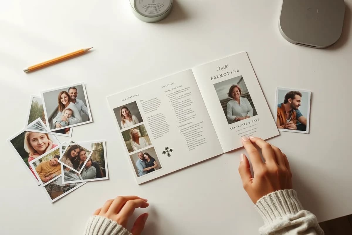 A designer's desk with a funeral program layout in progress beside family photographs