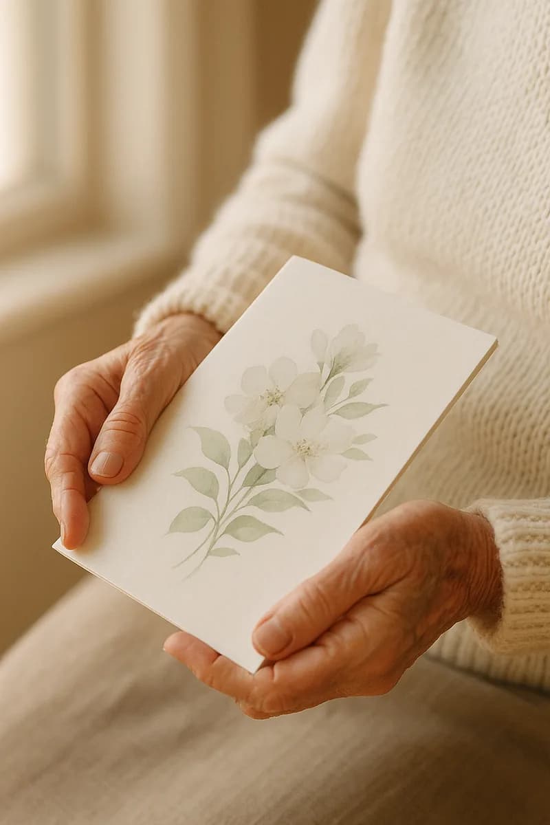 Gentle hands holding a memorial program with a white floral cover