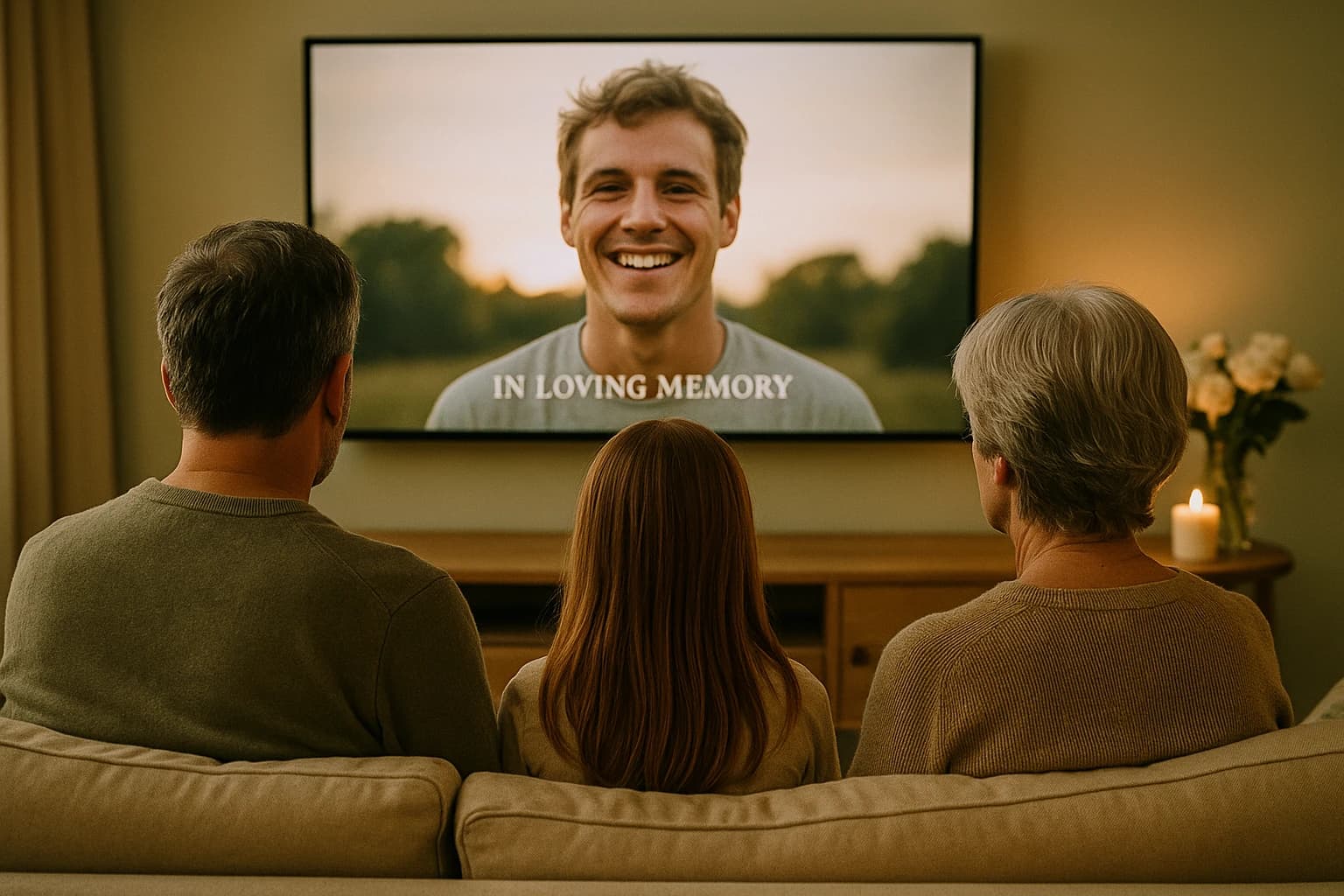 A family watching a memorial tribute video together at home