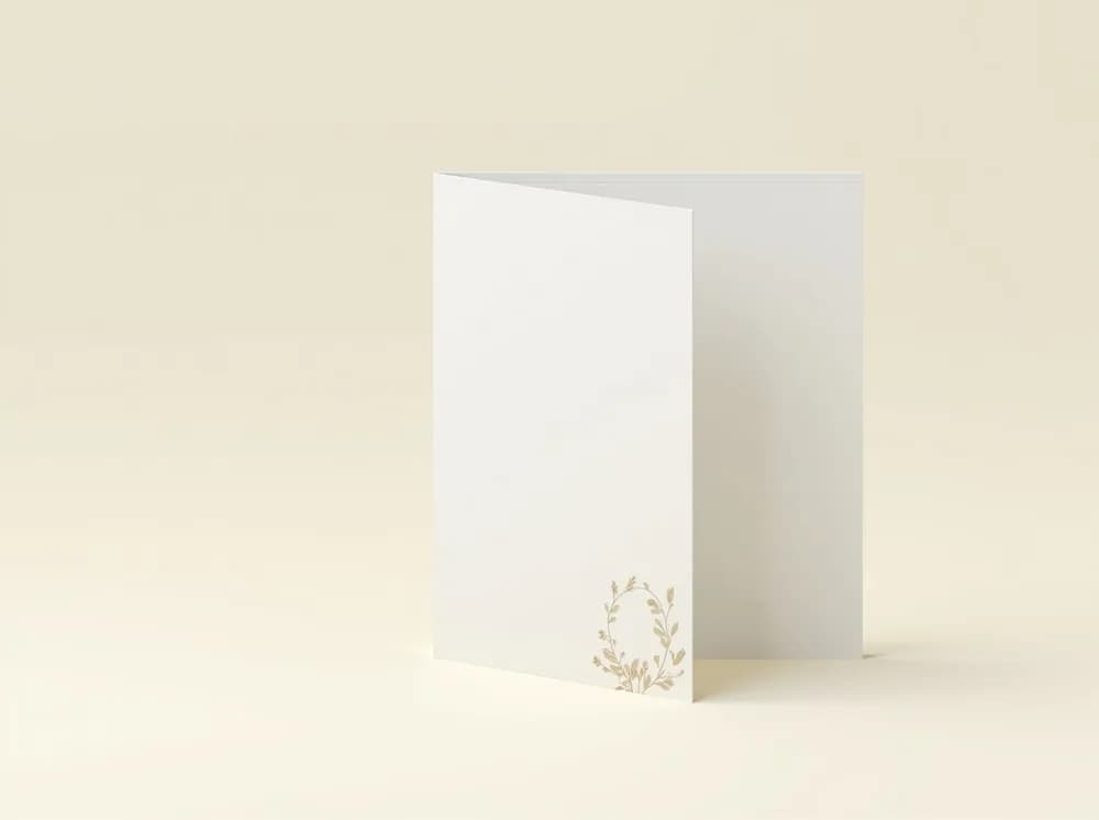 A bifold funeral program standing upright