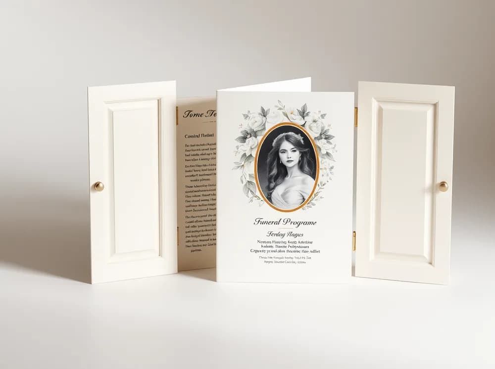 A gatefold funeral program with two panels opening like doors