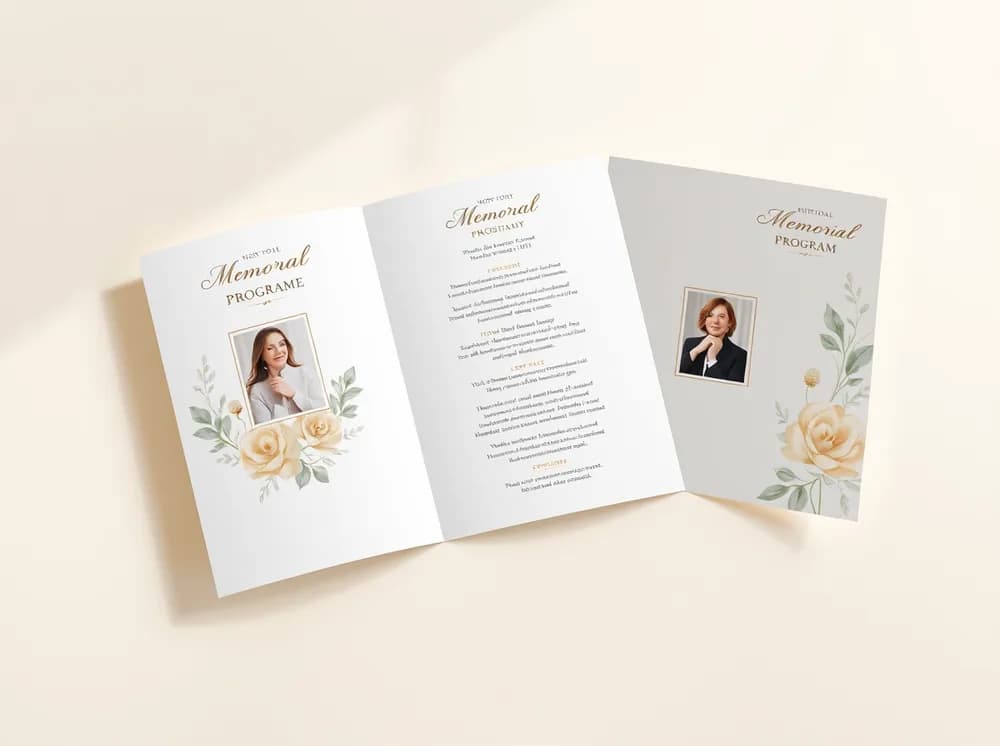 An open trifold funeral program showing three panels