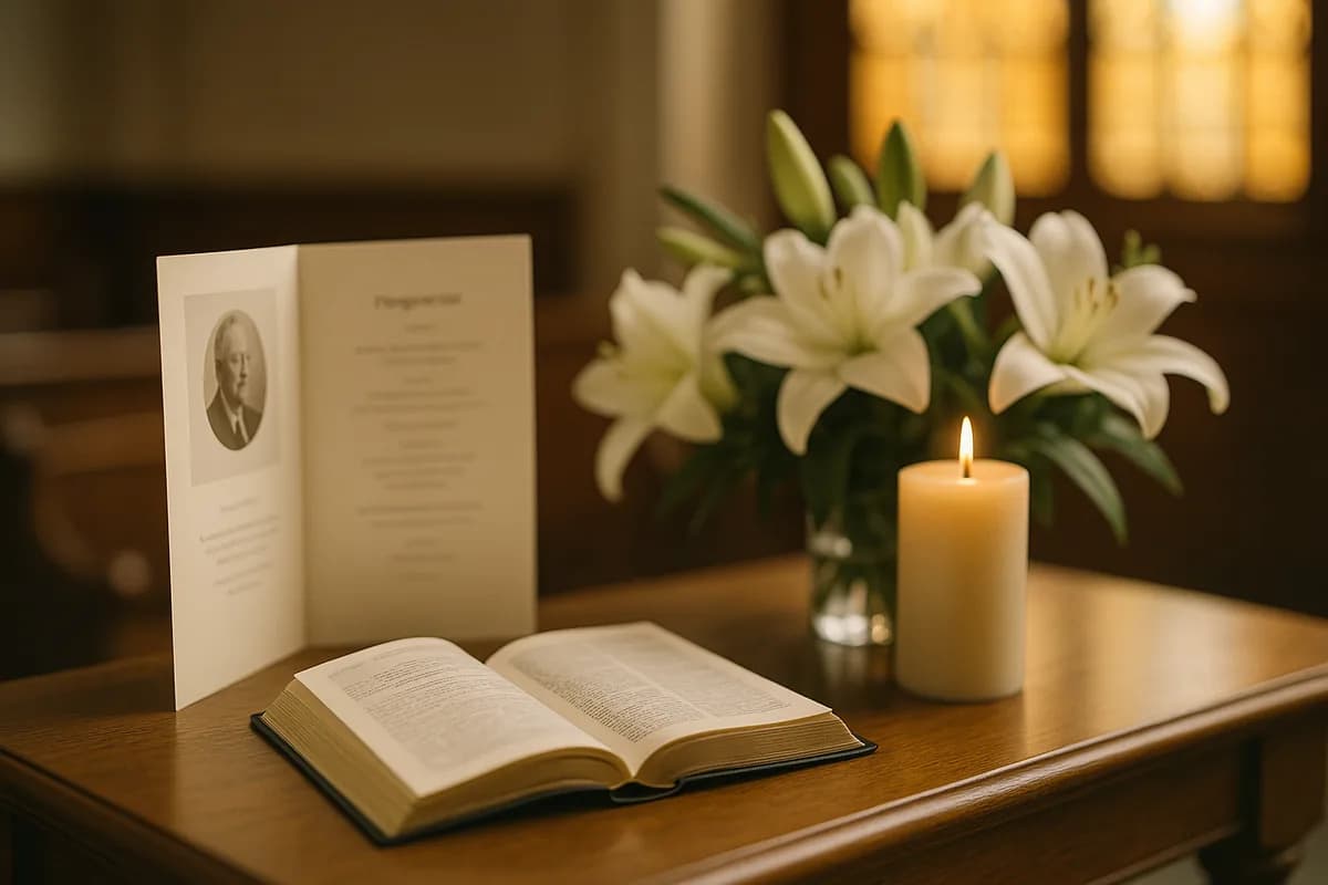 A chapel memorial table with an open funeral program, a Bible, white lilies and a candle