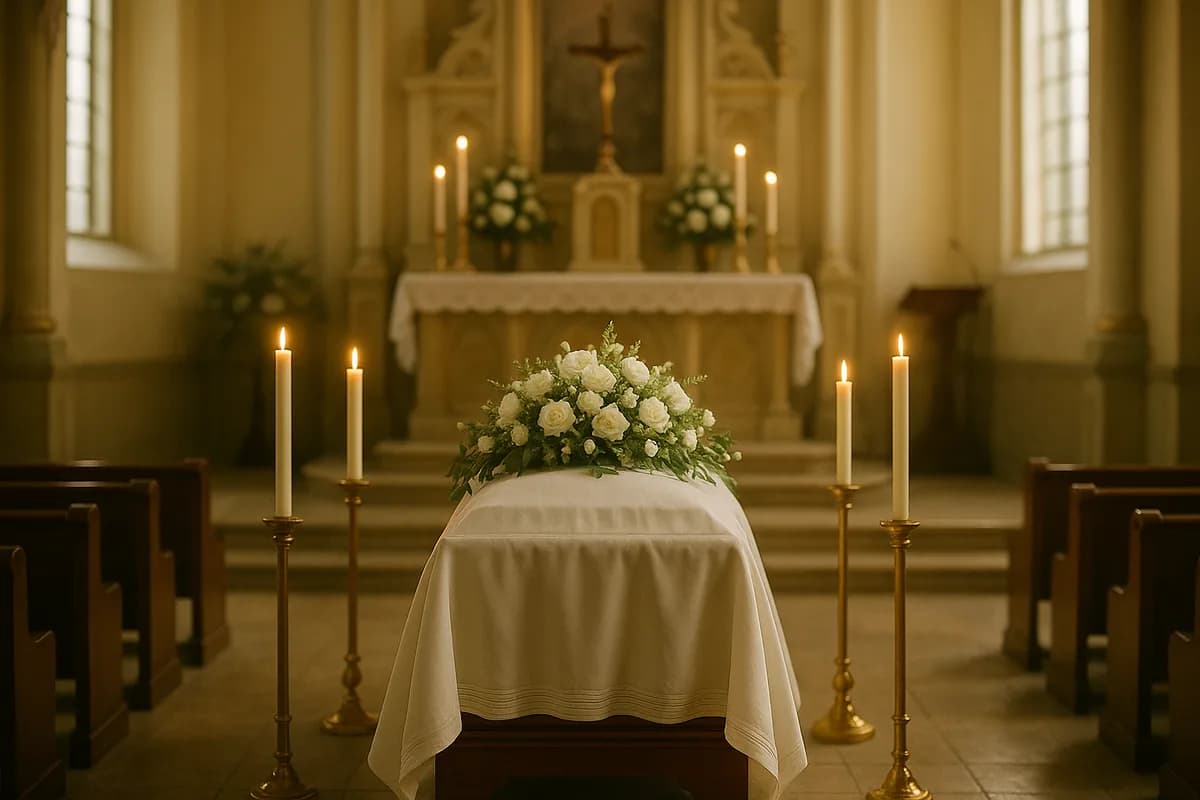 A Catholic funeral Mass — a flower-topped casket before the altar amid candlelight