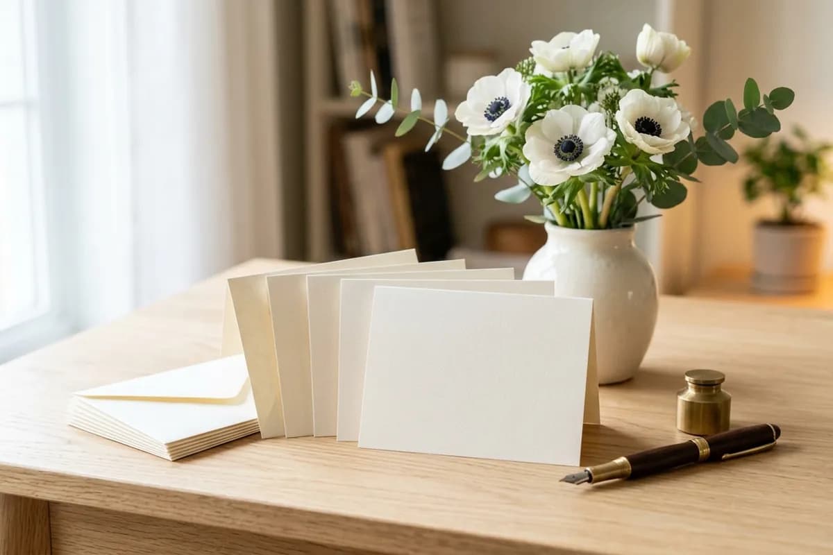 Blank cream folded invitation cards and envelopes on an oak desk beside white anemones and a fountain pen