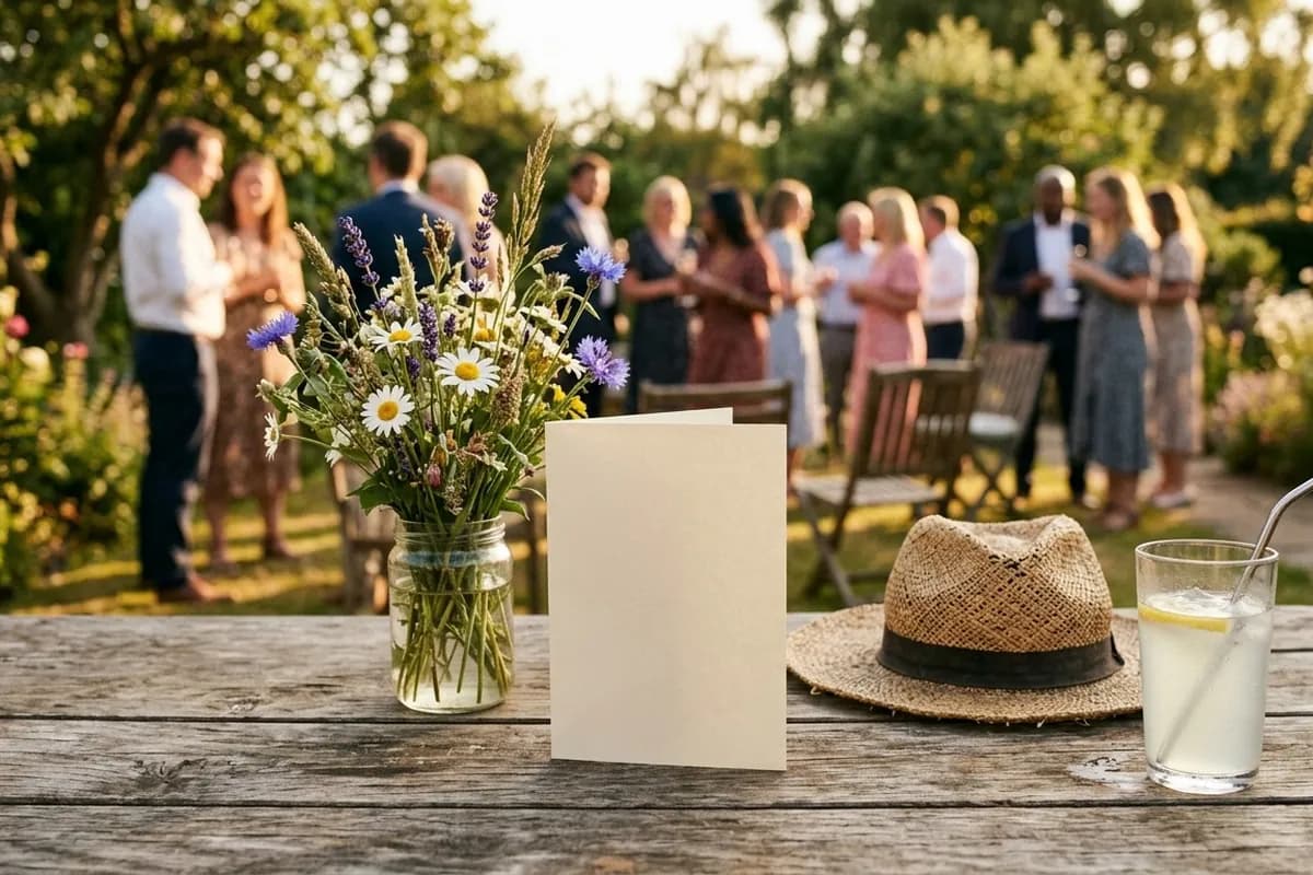 A blank folded celebration of life program standing on a rustic table beside wildflowers at an outdoor gathering