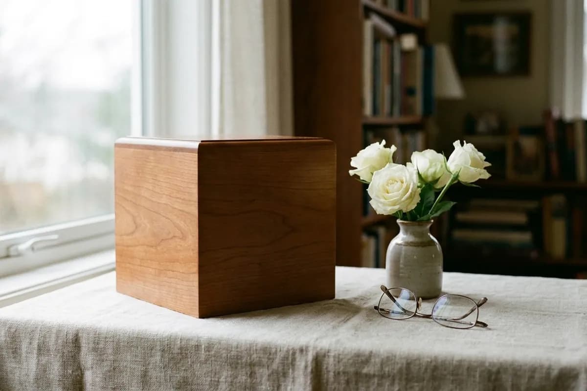 A plain wooden cremation urn on a linen-covered table beside white roses and a pair of reading glasses