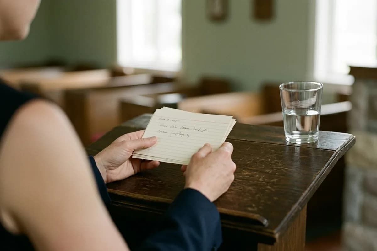 Hands holding handwritten index cards at a wooden lectern in a chapel