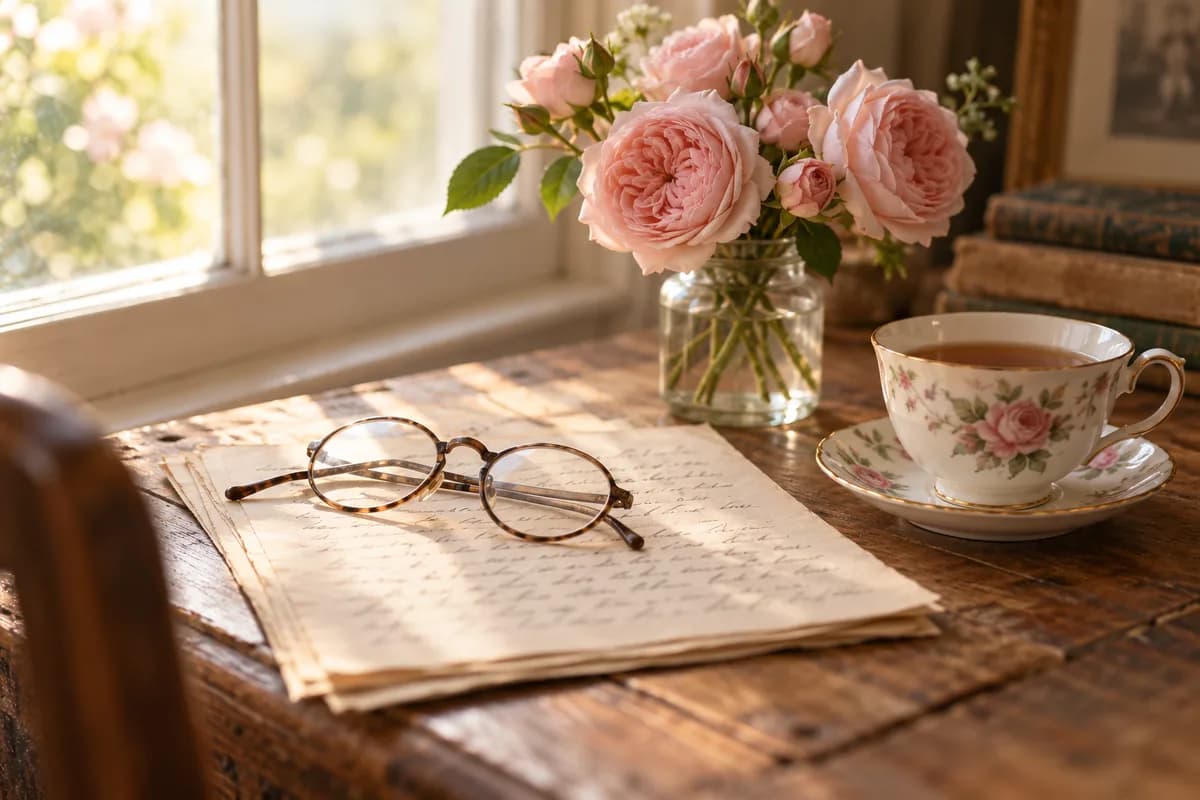 A pair of reading glasses resting on handwritten eulogy pages beside a vintage teacup and a small bunch of garden roses