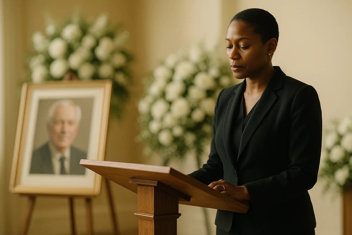 A person delivering a eulogy at a lectern beside a framed portrait and funeral flowers