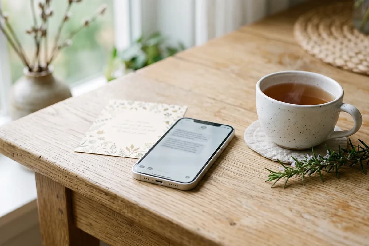 A smartphone and a printed card on a wooden desk, both showing a simple funeral announcement, beside a cup of tea and a sprig of rosemary