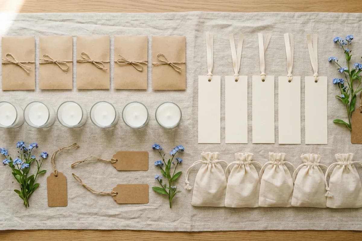An overhead flat lay of blank funeral favors — kraft seed packets, votive candles, cream bookmarks and muslin pouches on linen