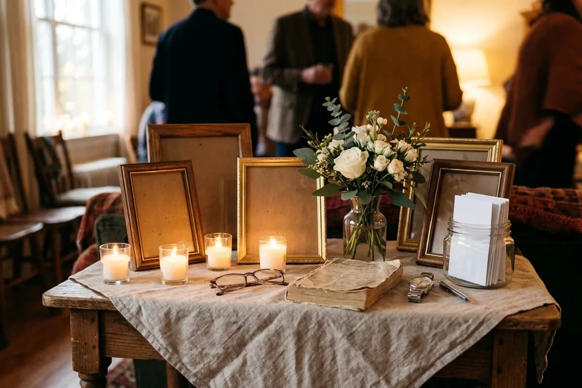 A linen-covered memory table with empty photo frames, lit votive candles, white roses and a jar of blank note cards
