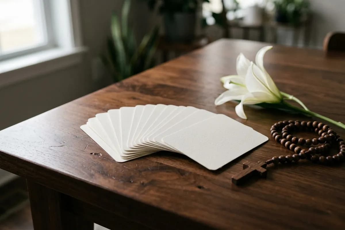 A fanned stack of blank wallet-sized funeral prayer cards on a walnut table beside a wooden rosary and a white lily
