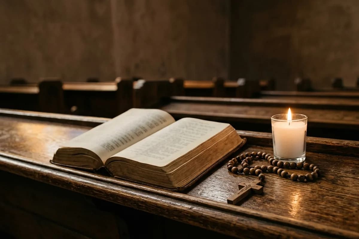 An open prayer book on a wooden church pew beside a rosary and a lit white candle