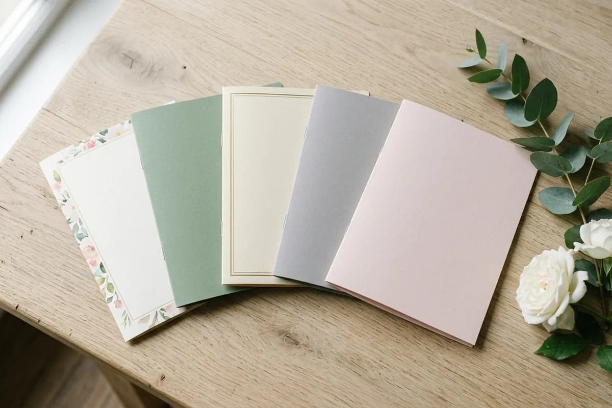 Five blank folded funeral program covers fanned on an oak table in floral, sage, cream, grey and blush treatments