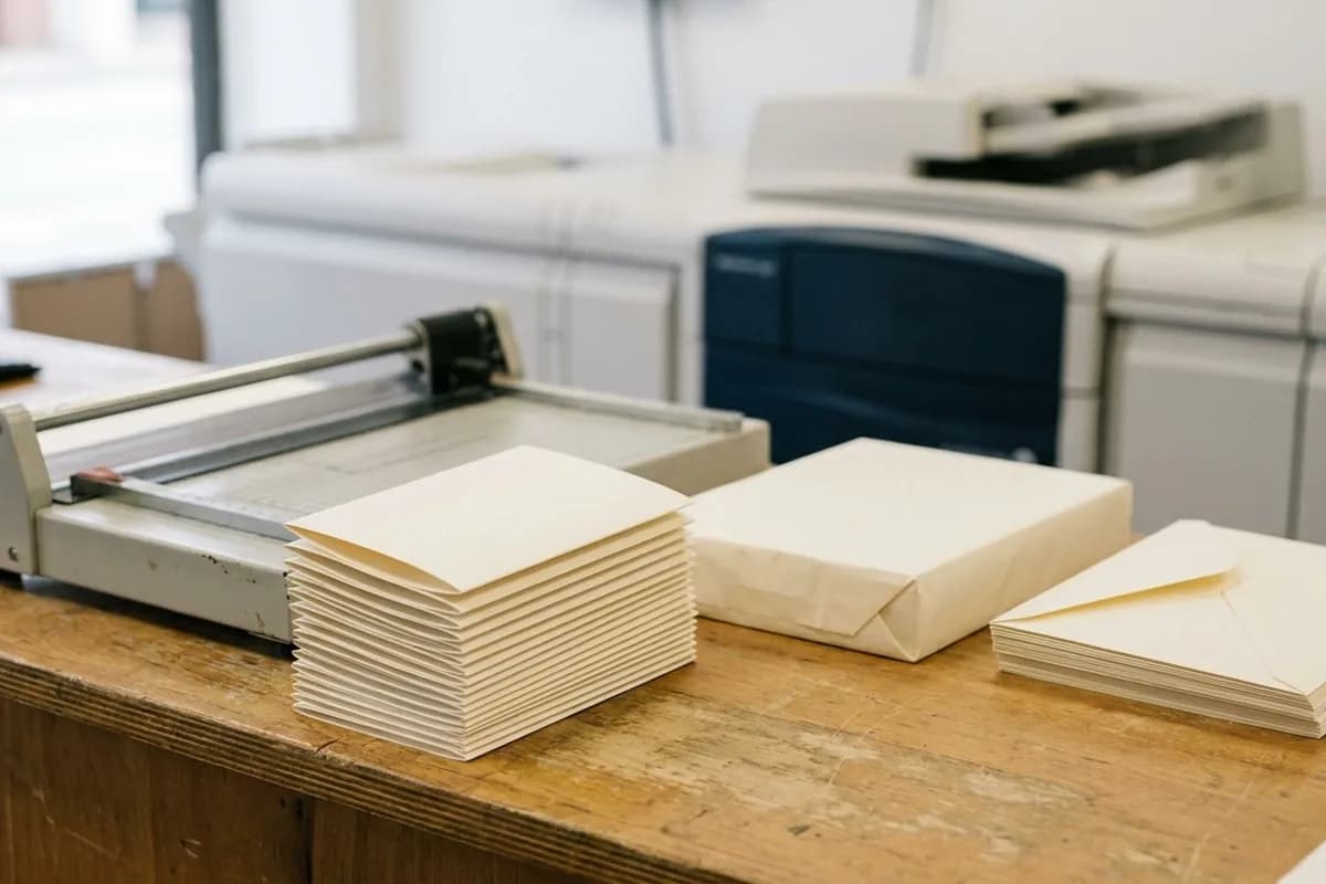 A stack of freshly printed blank folded booklets on cream card stock beside a paper trimmer on a print shop counter