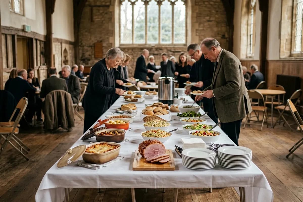 A long white-clothed table laid with covered dishes and stacked plates for a funeral repast in a church hall