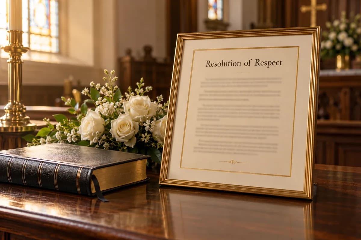 A framed resolution of respect on cream parchment beside a leather Bible and white roses on a church table