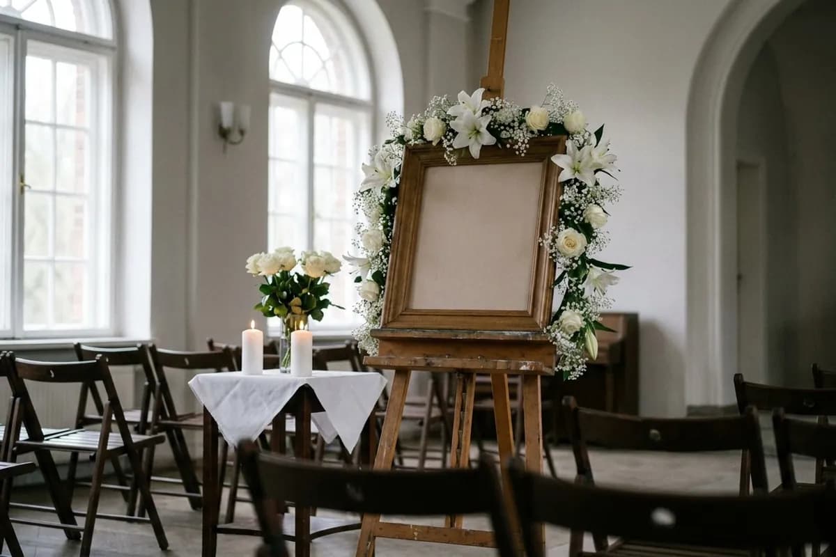 A framed portrait on an easel surrounded by white flowers and candles before rows of empty chairs at a memorial service