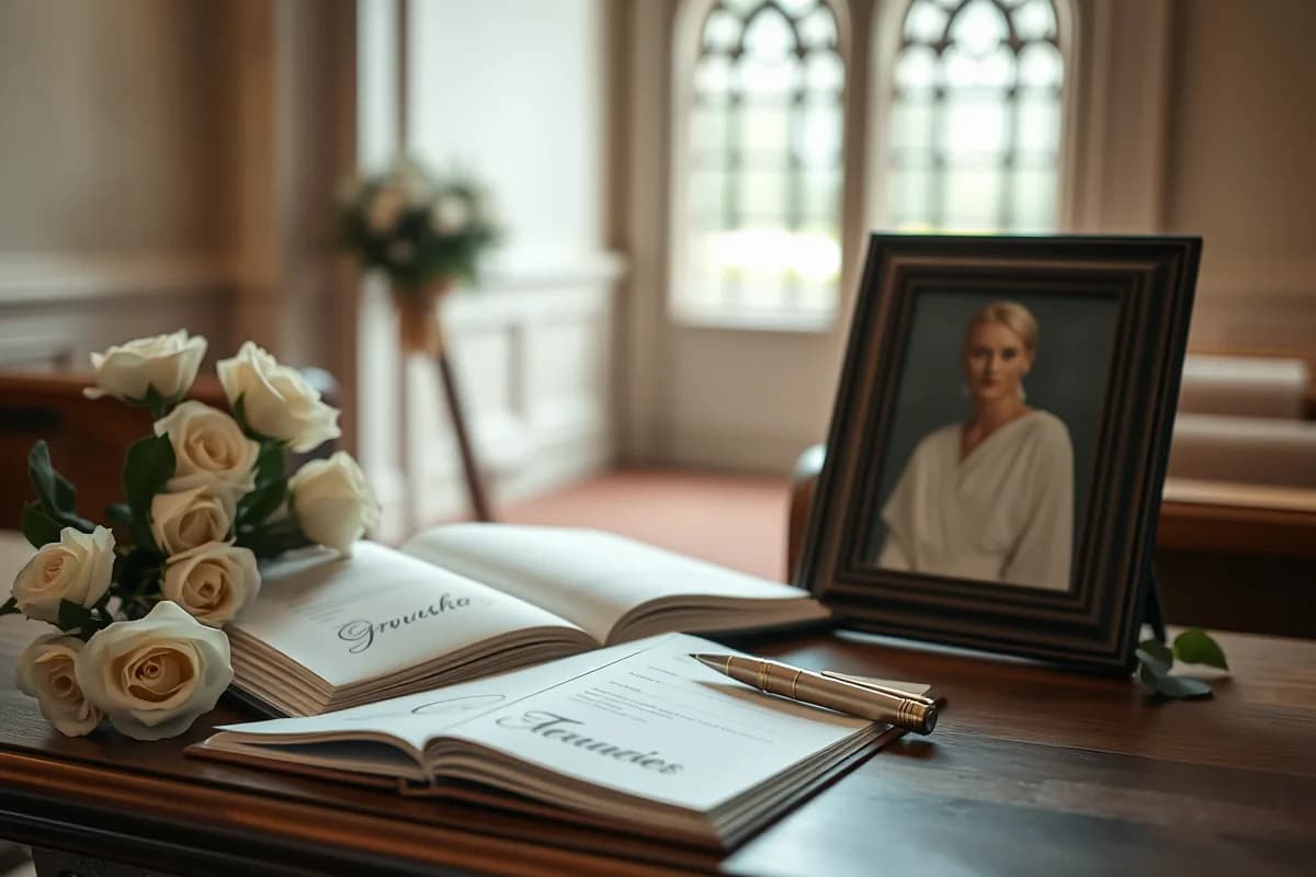 An open guest book with a pen beside white flowers at a memorial service entrance table