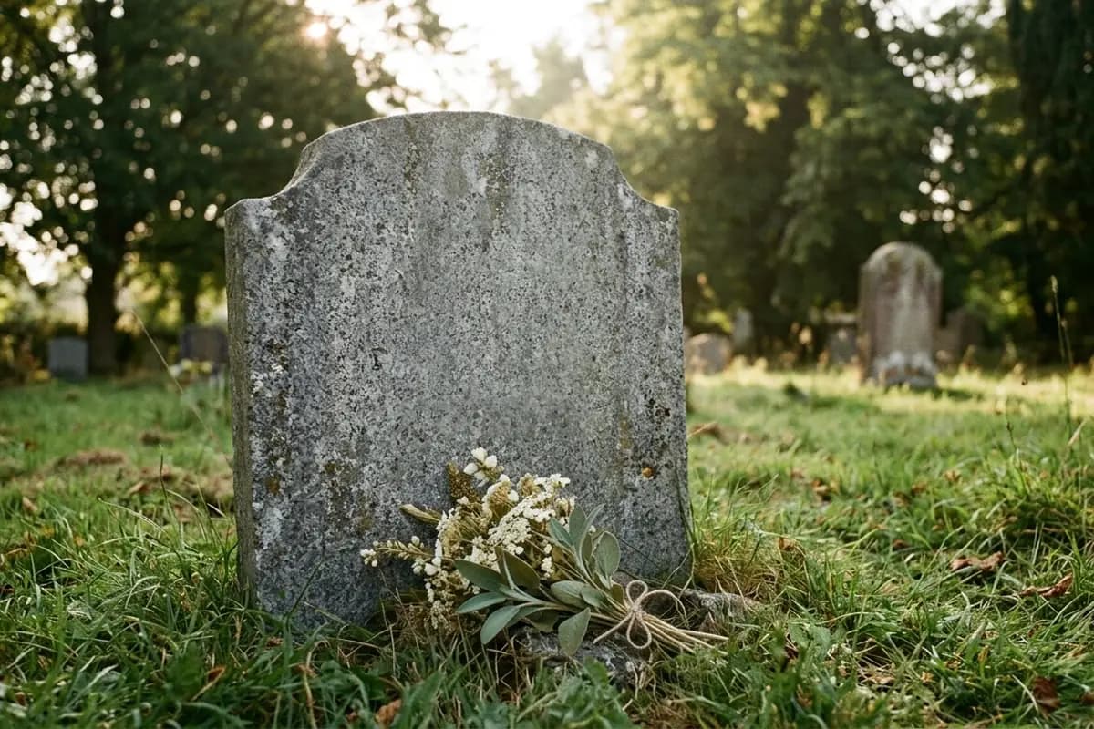 A weathered granite headstone in a grassy cemetery with a small posy of white flowers at its base