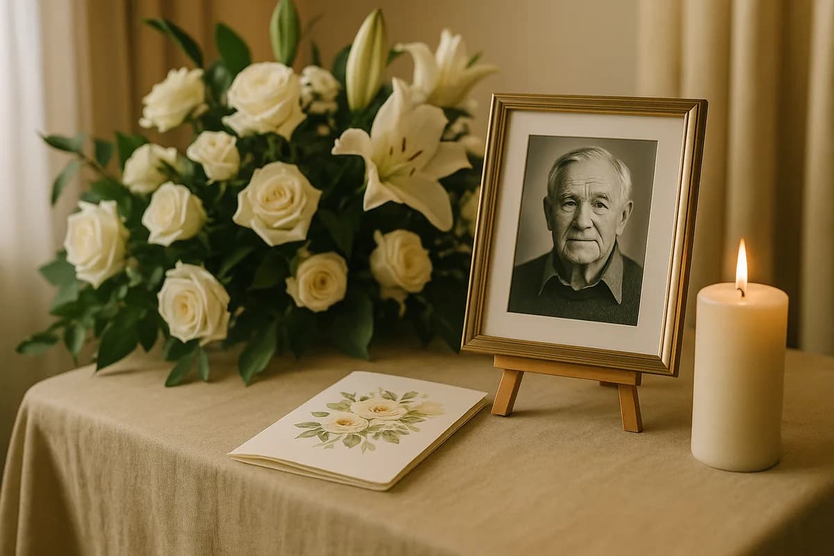 A finished funeral program beside a framed portrait, candle and white flowers at a memorial service