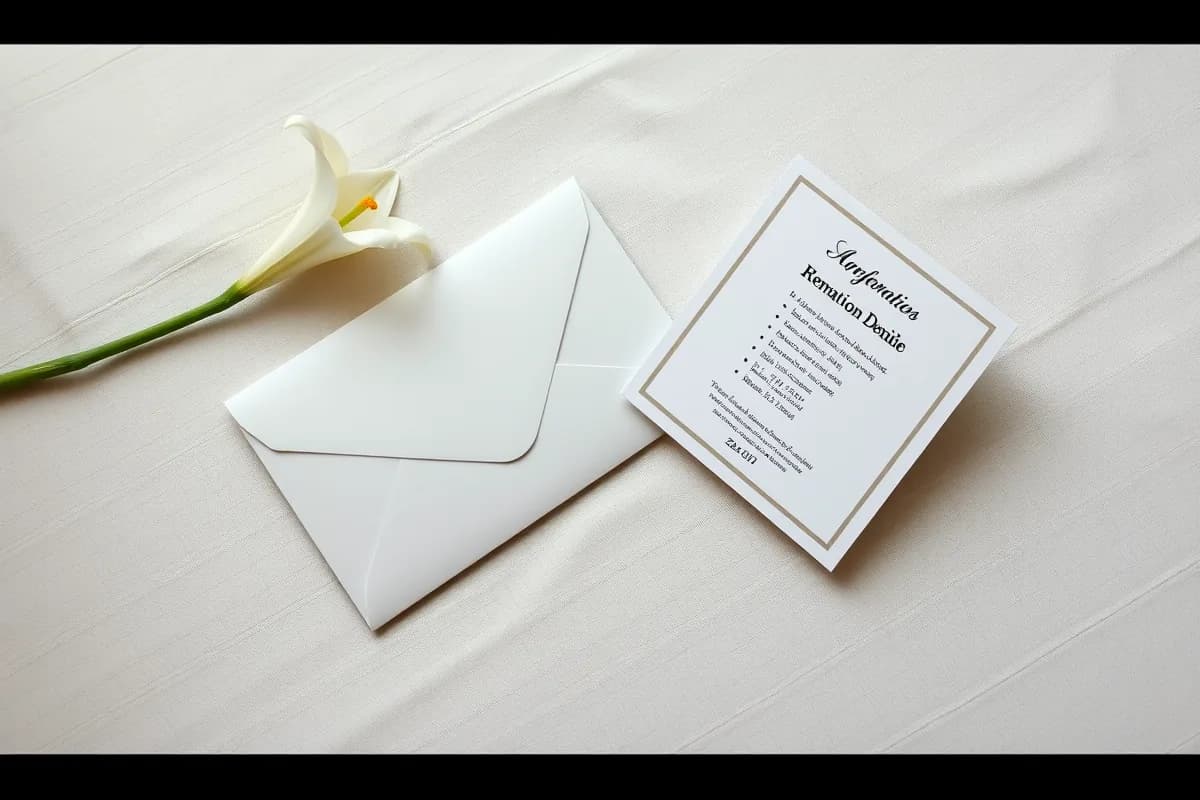 A single white lily beside a donation envelope and a folded memorial card on pale linen