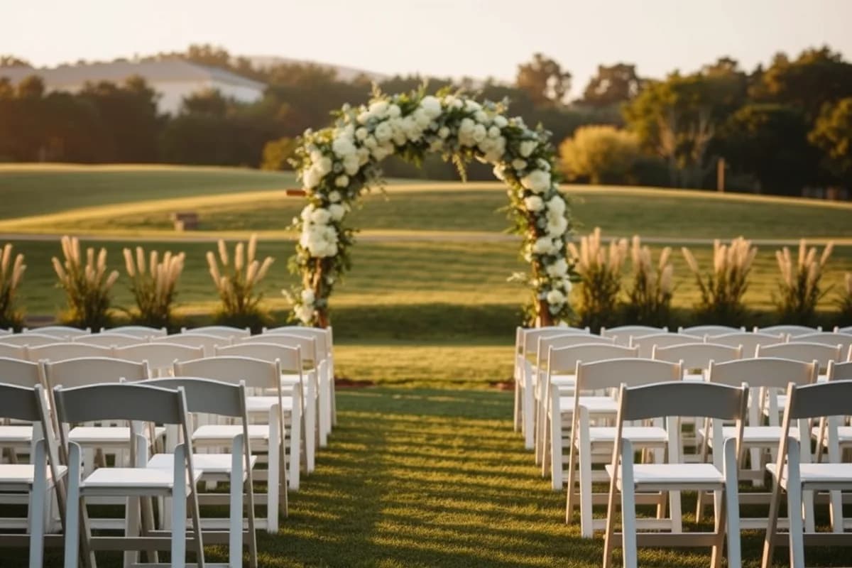 Rows of white chairs and flowers arranged for an outdoor memorial service at golden hour